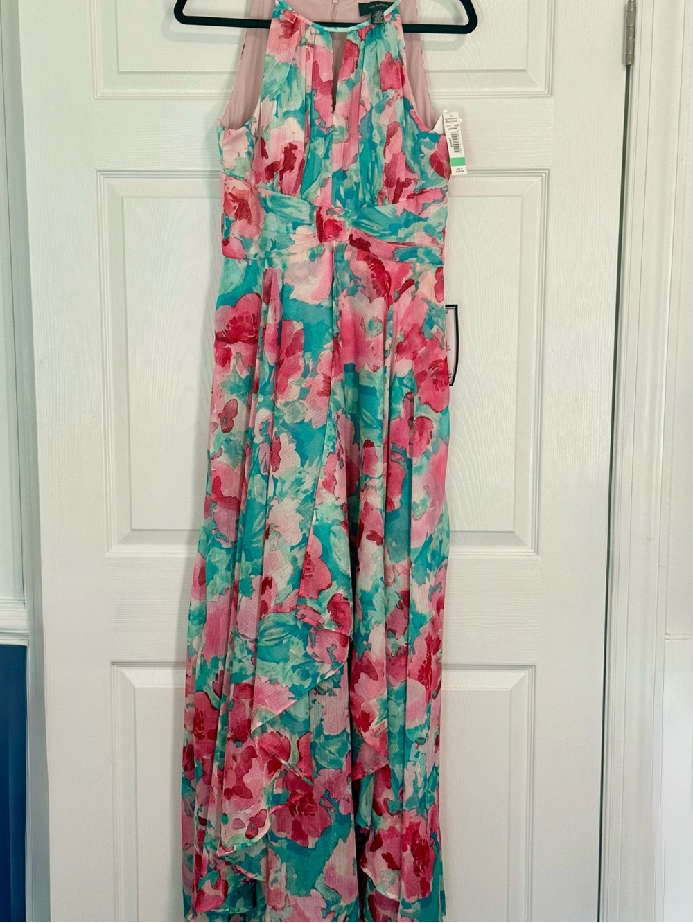 R&M Richards Pink Teal Floral Halter Maxi Dress